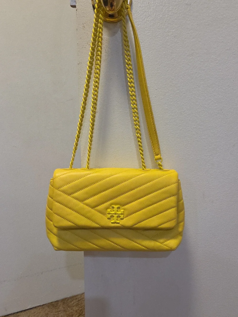 TORY BURCH Kira Chevron Yellow Quilted Napa Leather Crossbody Shoulder Bag